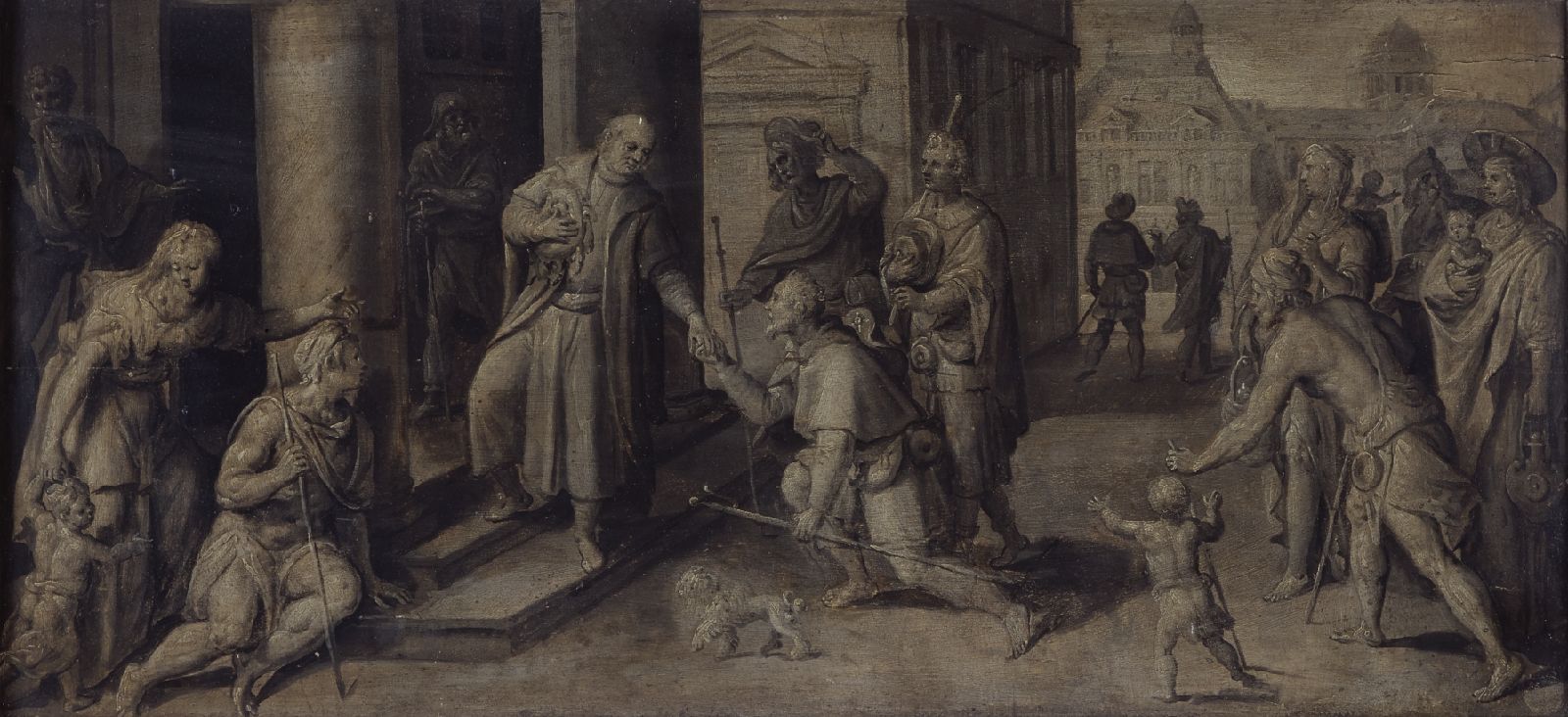 Maerten de Vos, Saint Luke Giving three Pilgrims Alms